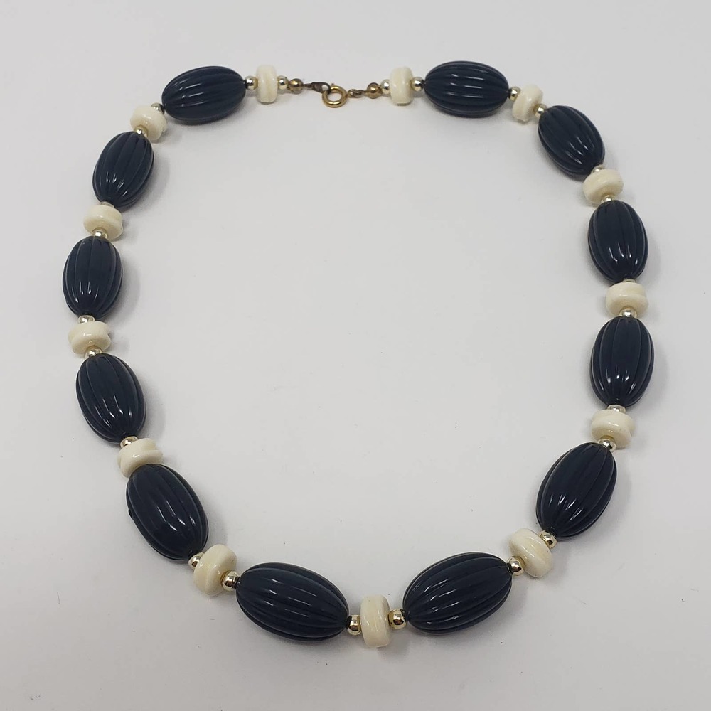 Gray Cream Molded Plastic Bead Strand Necklace